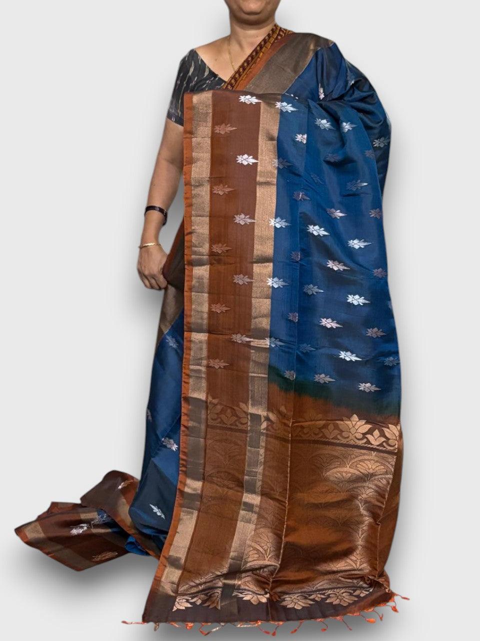 PURE SOFT SILK SAREE NAVY BLUE AND BROWN WITH ALLOVER ZARI WEAVES BUTTAS IN GAP BORDER STYLE