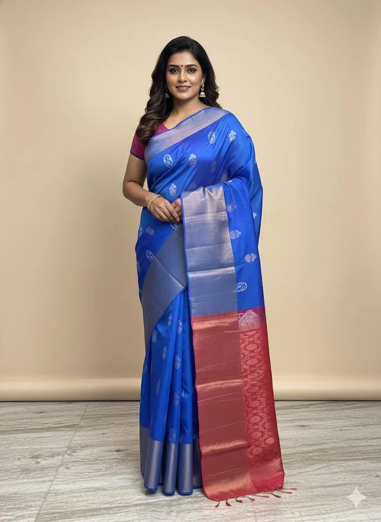 PURE SOFT SILK SAREE BLUE AND PINK WITH ALLOVER BUTTI DESIGN WEAVES IN BORDER AND PALLU TISSUE STYLE - pochampallysarees.com
