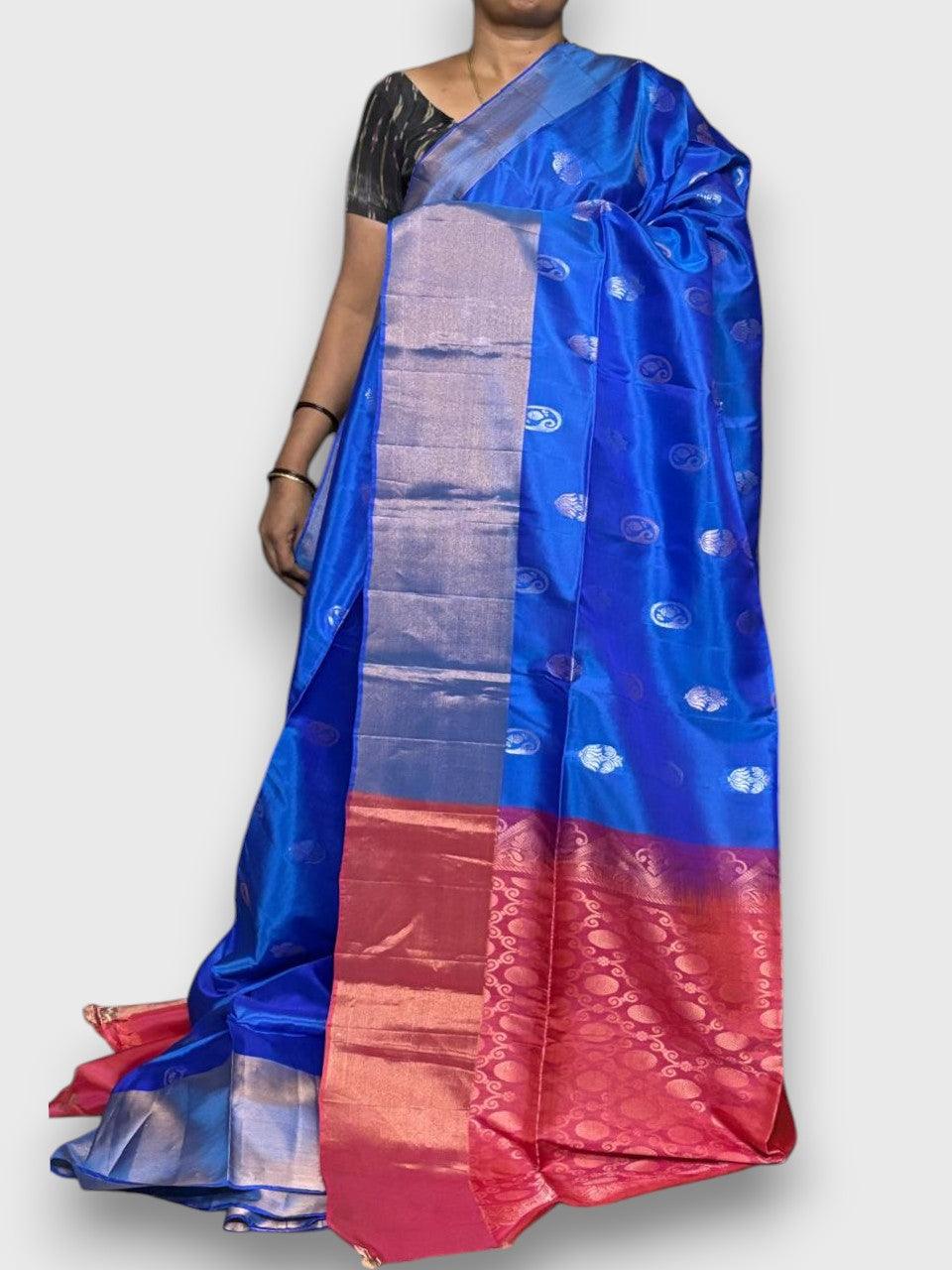 PURE SOFT SILK SAREE BLUE AND RED WITH ALLOVER ZARI WEAVES BUTTAS IN BORDER TISSUE STYLE