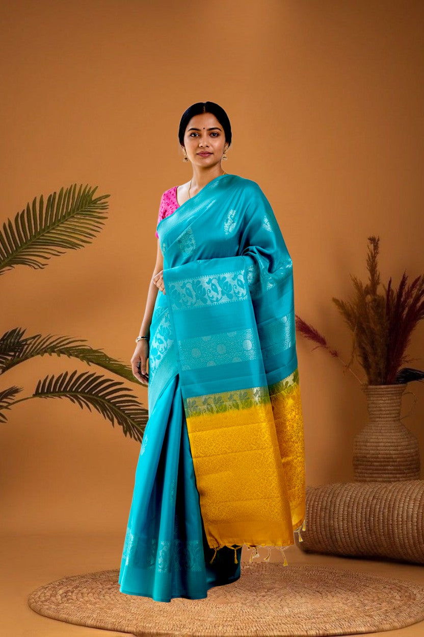 PURE SOFT SILK SAREE BLUE AND YELLOW WITH ALLOVER ZARI WEAVES BUTTAS IN BORDER KANCHI STYLE