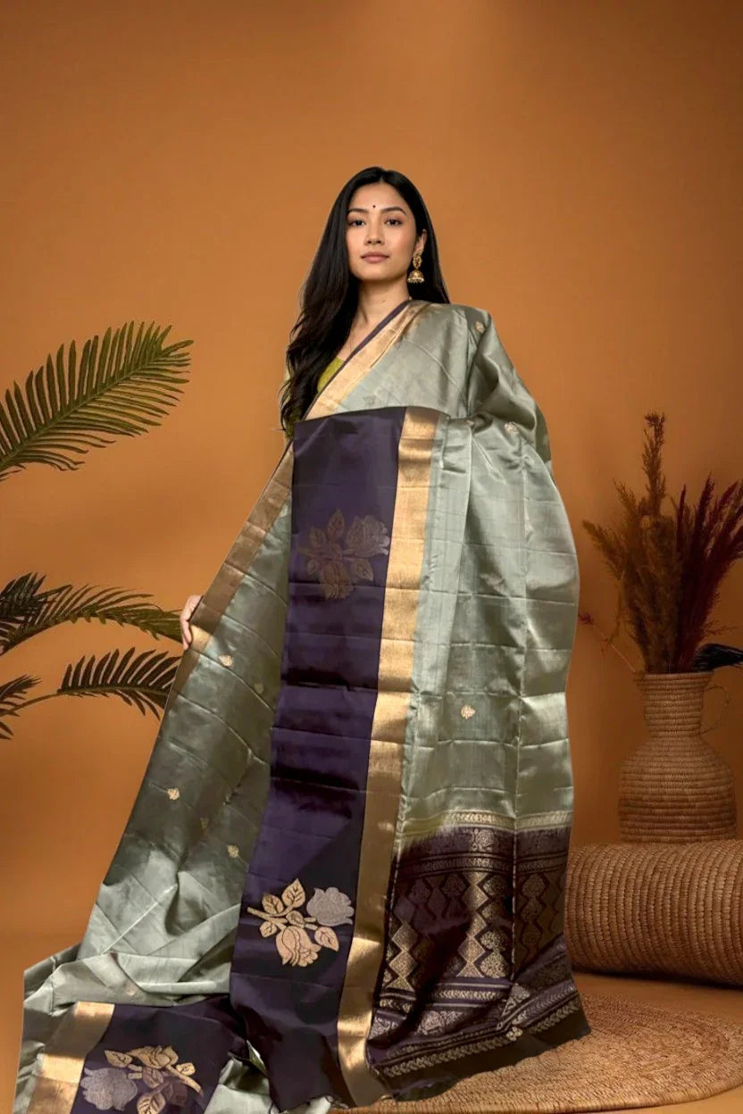 Pure-Soft-Silk-Gray-Chocolate-Sari-pochampallysarees.com