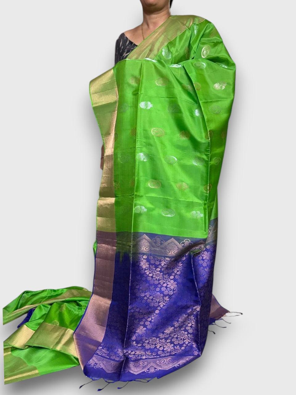 PURE SOFT SILK SAREE GREEN AND BLUE WITH ALLOVER ZARI WEAVES BUTTAS IN BORDER TISSUE STYLE