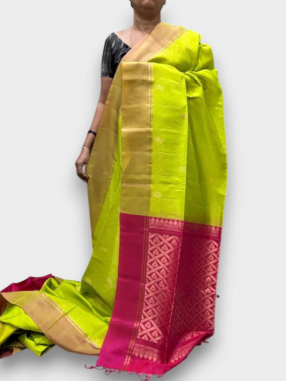 PURE SOFT SILK SAREE  PARROT GREEN AND RED WITH ALLOVER ZARI WEAVES BUTTAS IN BORDER PLAIN STYLE