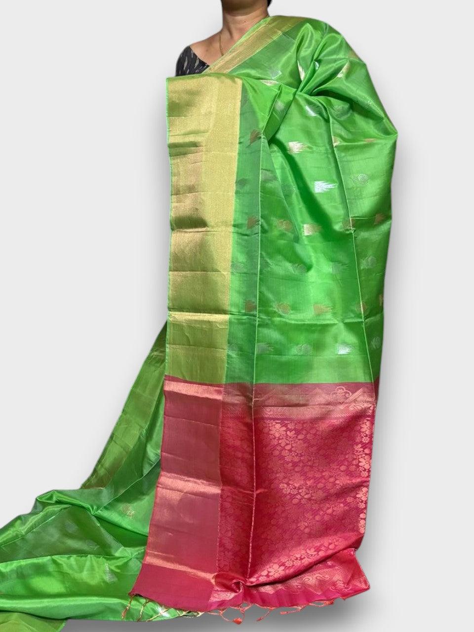 PURE SOFT SILK SAREE GREEN AND RED WITH ALLOVER ZARI WEAVES BUTTAS IN BORDER PLAIN TISSUE