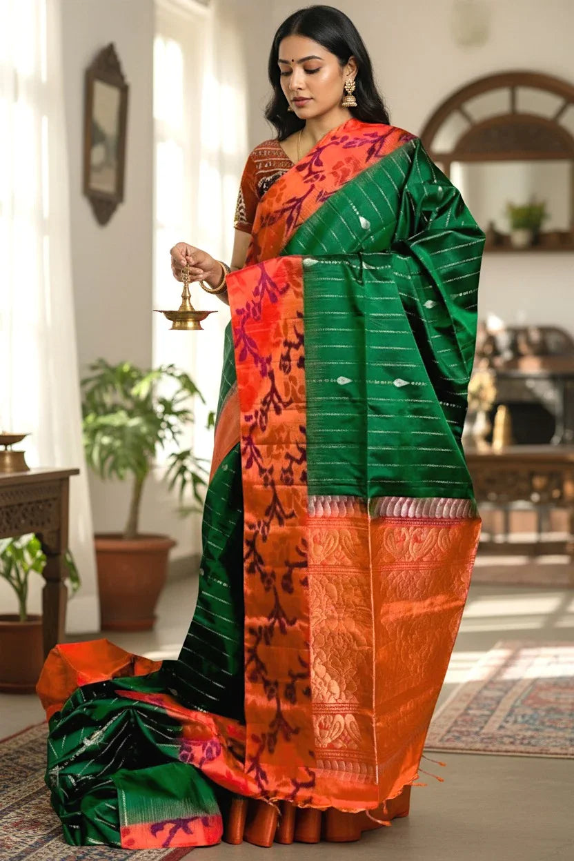 Pochampally Ikat Soft Silk Green Orange Sari - pochampallysarees.com