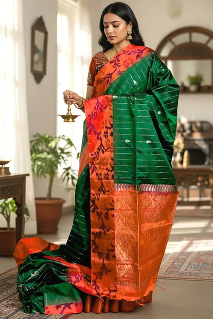 Pochampally Ikat Soft Silk Green Orange Sari - pochampallysarees.com