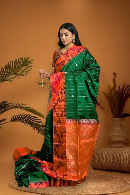 Pochampally Ikat Soft Silk Green Orange Sari - pochampallysarees.com