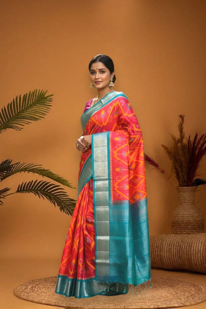 PURE SOFT SILK SAREE ORANGE AND BLUE WITH ALLOVER IKKAT DESIGN WEAVES IN BORDER AND PALLU KANCHI STYLE - pochampallysarees.com