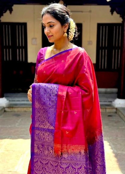 Luxury Soft Silk Saree in Orange &amp; Violet | Gold Zari Butta Design - pochampallysarees.com