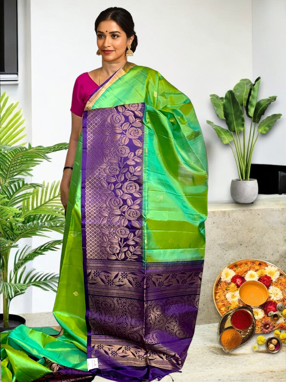 PURE SOFT SILK PARROT GREEN LAVENDER SARI