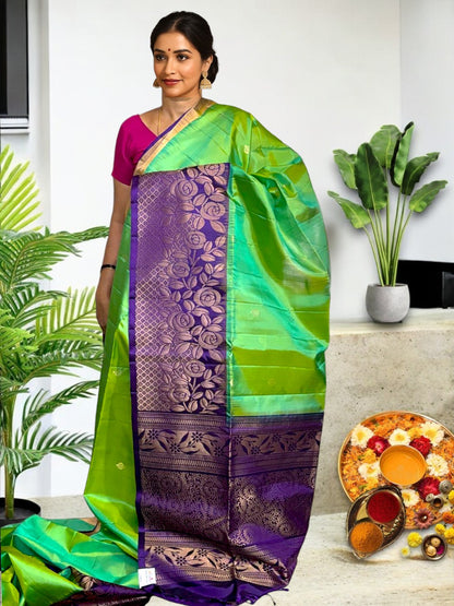 PURE SOFT SILK PARROT GREEN LAVENDER SARI