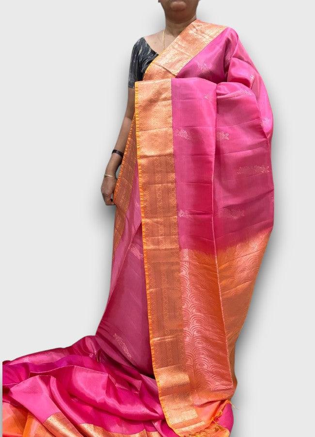 PURE SOFT SILK SAREE PINK AND YELLOW WITH ALLOVER ZARI WEAVES BUTTAS IN BORDER TISSUE STYLE