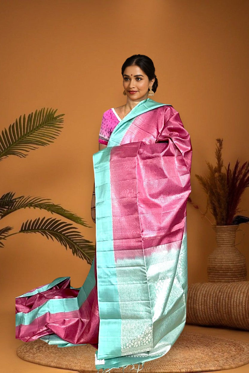 PURE SOFT SILK SAREE PINK AND SEA GREEN WITH ALLOVER ZARI WEAVES IN BORDER KANCHI STYLE
