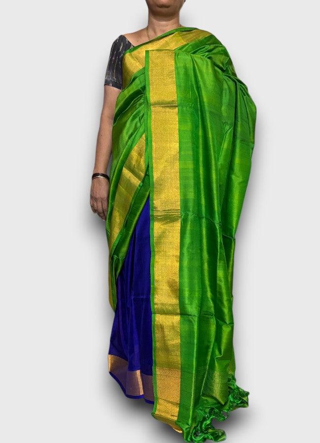 PURE SOFT SILK SAREE PATLI PALLU GREEN BODY AND BLUE