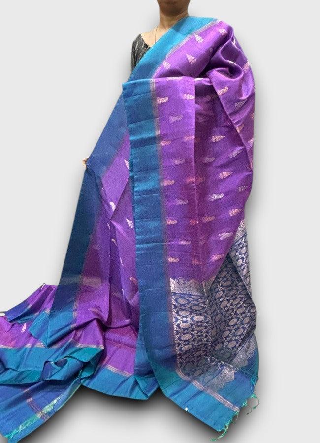 PURE SOFT SILK SAREE PURPLE AND BLUE WITH ALLOVER ZARI WEAVES BUTTAS IN PLAIN BORDER