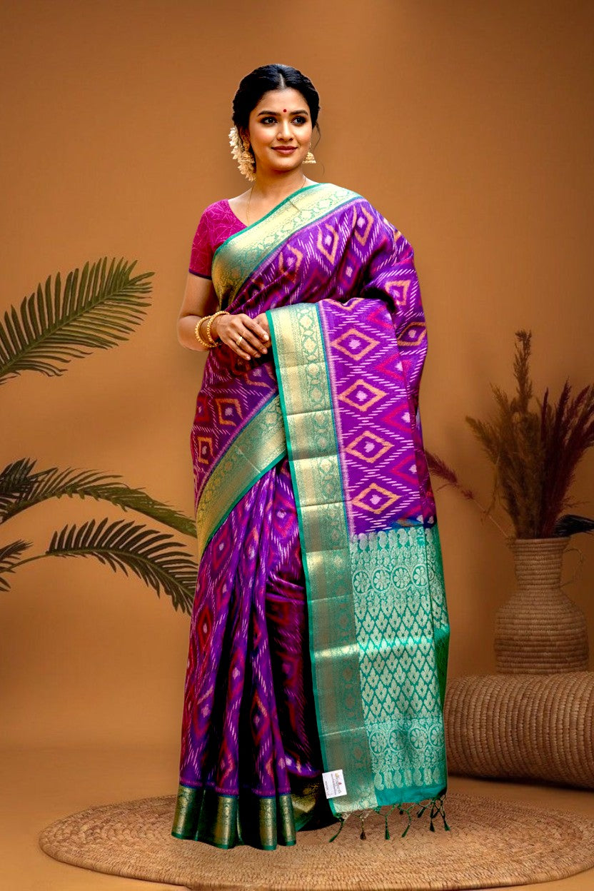 PURE SOFT SILK SAREE PURPLE AND RAMA GREEN WITH ALLOVER IKKAT DESIGN WEAVES IN BORDER AND PALLU KANCHI STYLE