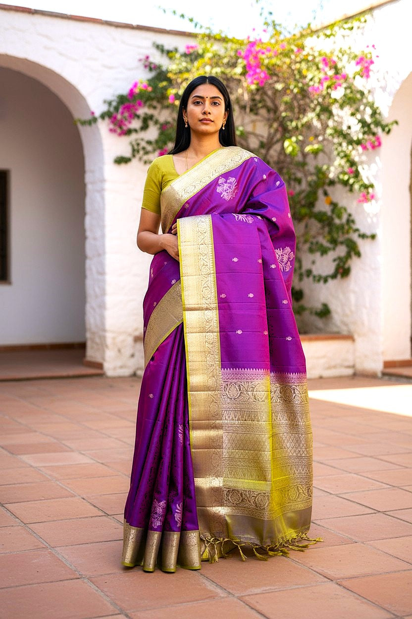Pure-Soft-Silk-Purple-Yellow-Sari-pochampallysarees.com