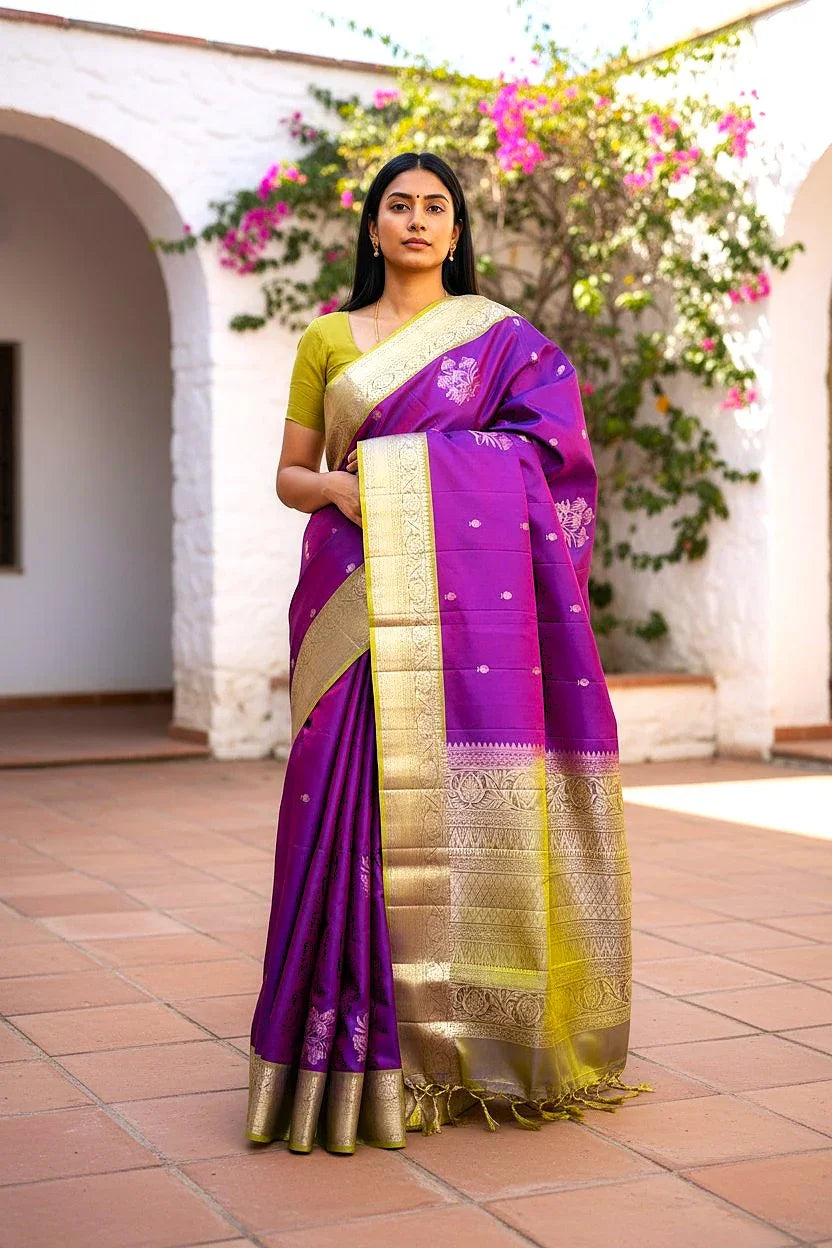 Purple Pista Green Color Designer Kanchi Pure Soft Silk Saree - pochampallysarees.com