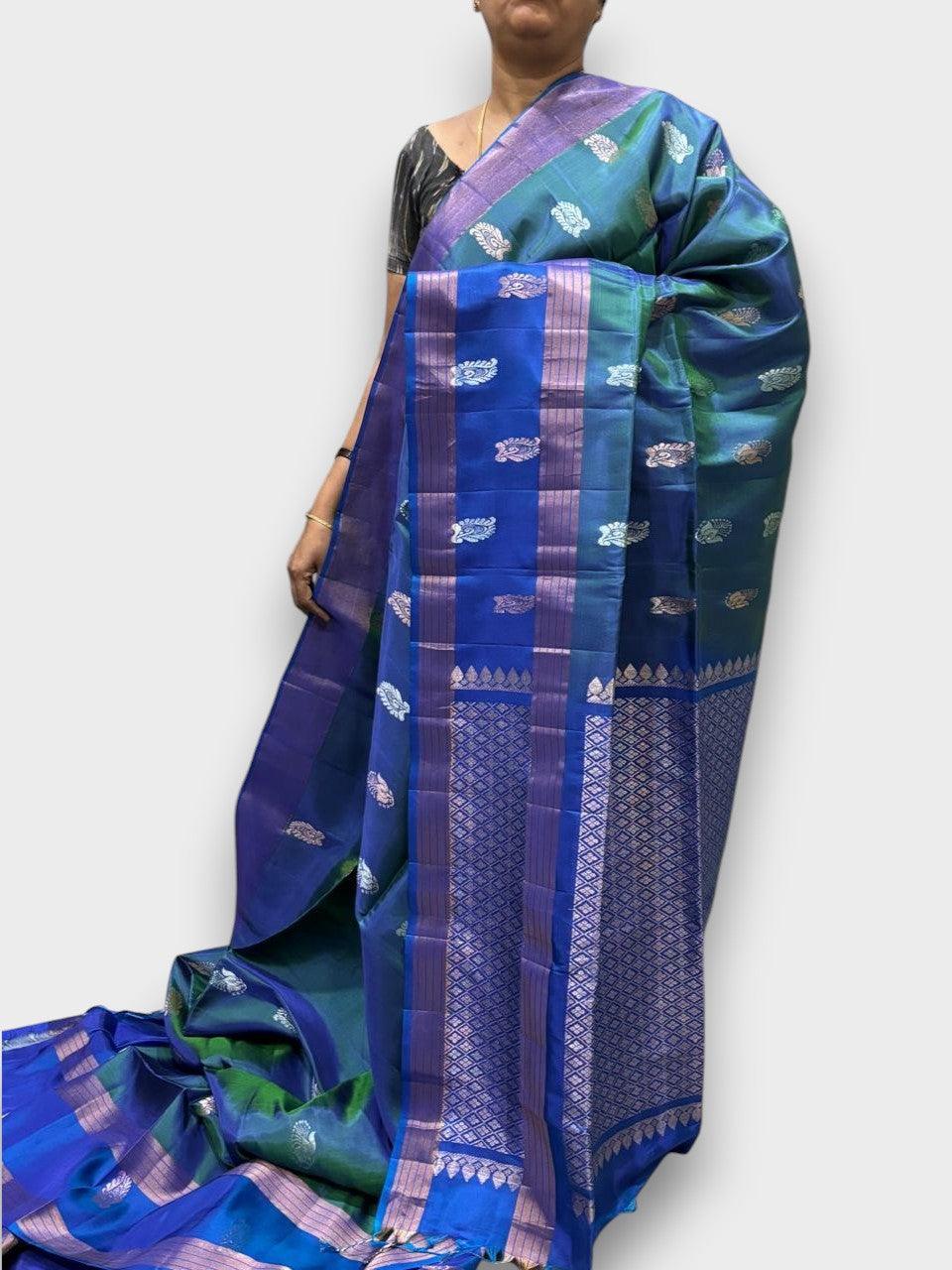 PURE SOFT SILK SAREE RAMA AND BLUE WITH ALLOVER ZARI WEAVES BUTTAS IN BORDER TISSUE STYLE