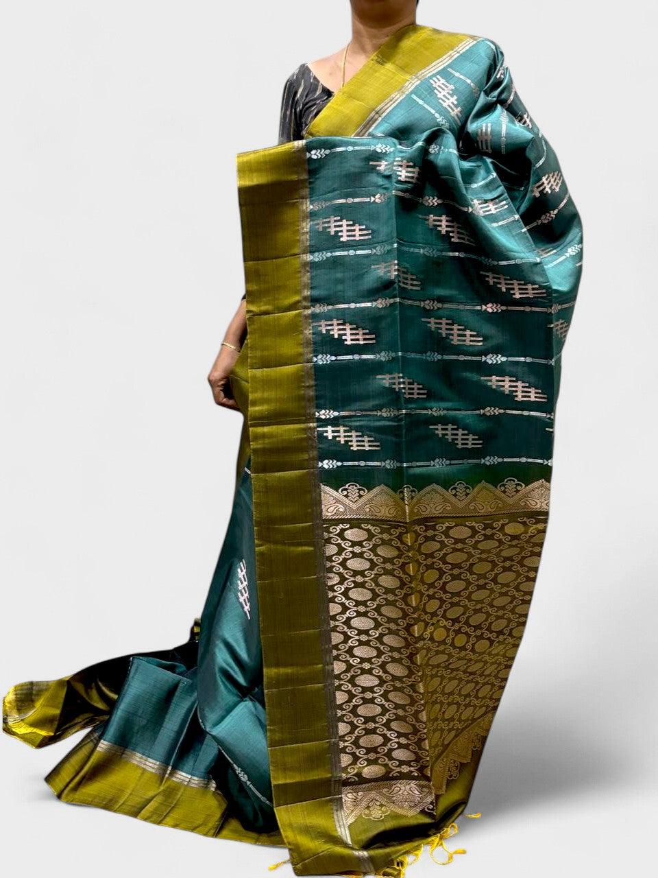 PURE SOFT SILK SAREE GREEN AND YELLOW WITH ALLOVER ZARI WEAVES BUTTAS IN BORDER PLAIN TISSUE