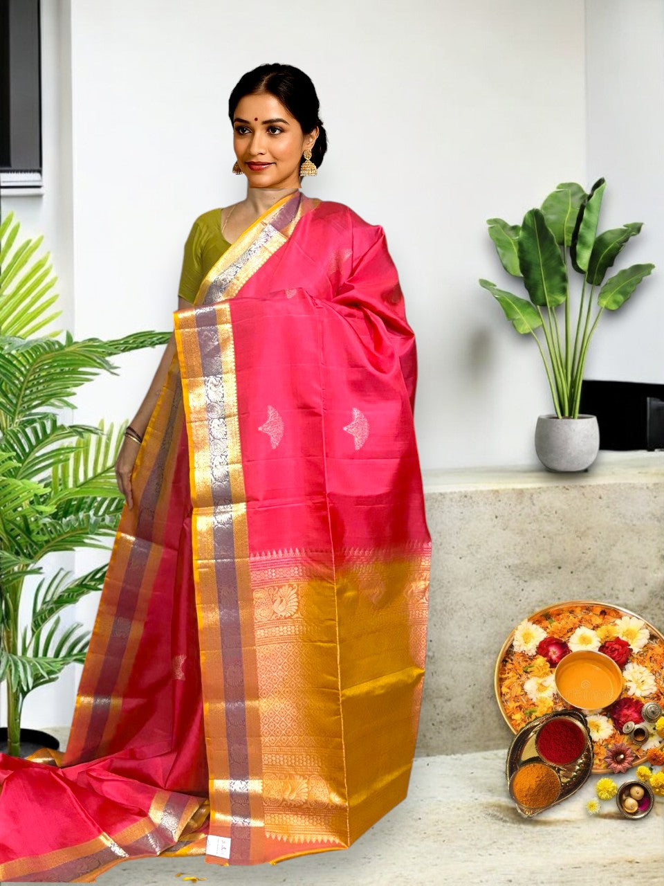 Pink Brown Color Designer Kanchi Pure Soft Silk Saree