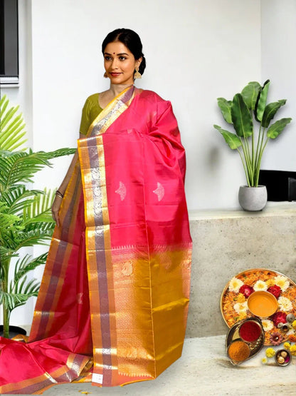 Pink Brown Color Designer Kanchi Pure Soft Silk Saree