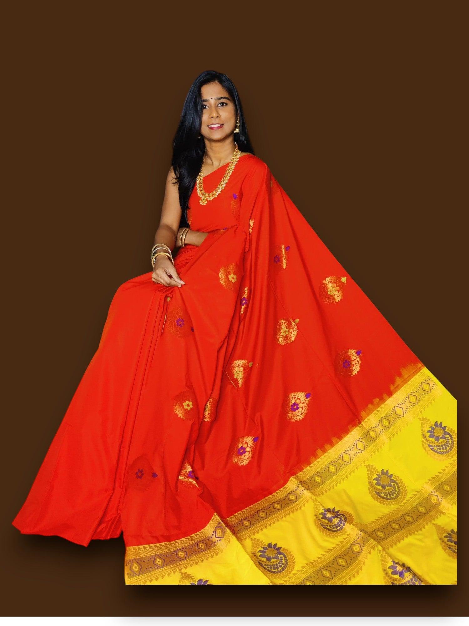 PURE SOFT SILK SAREE RED AND YELLOW