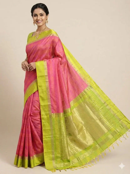Pure Soft Silk Saree in Rani Pink &amp; Lime Green | Gold Zari Checkered Body with Rich Contrast Pallu &amp; Tassels | Festive &amp; Wedding Wear - pochampallysarees.com