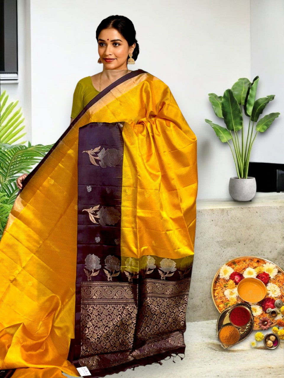 Yellow Chocolate Color Designer Kanchi Pure Soft Silk Saree