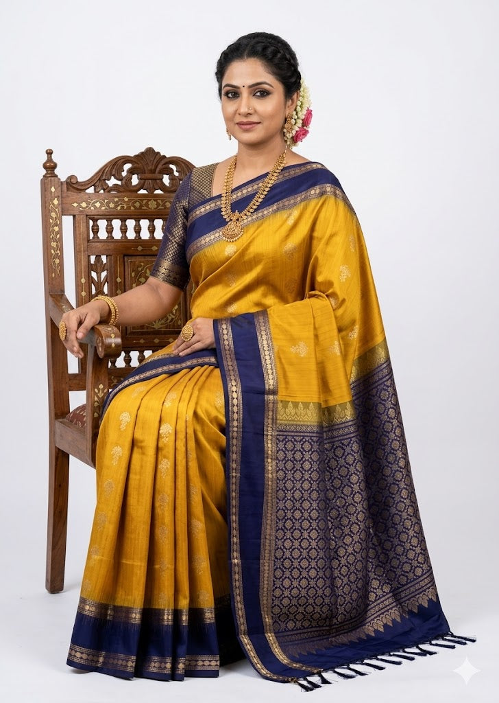 Pure Kanchipuram Pattu Saree Yellow Navy Blue Saree With Price Online At Pochampallysarees.com