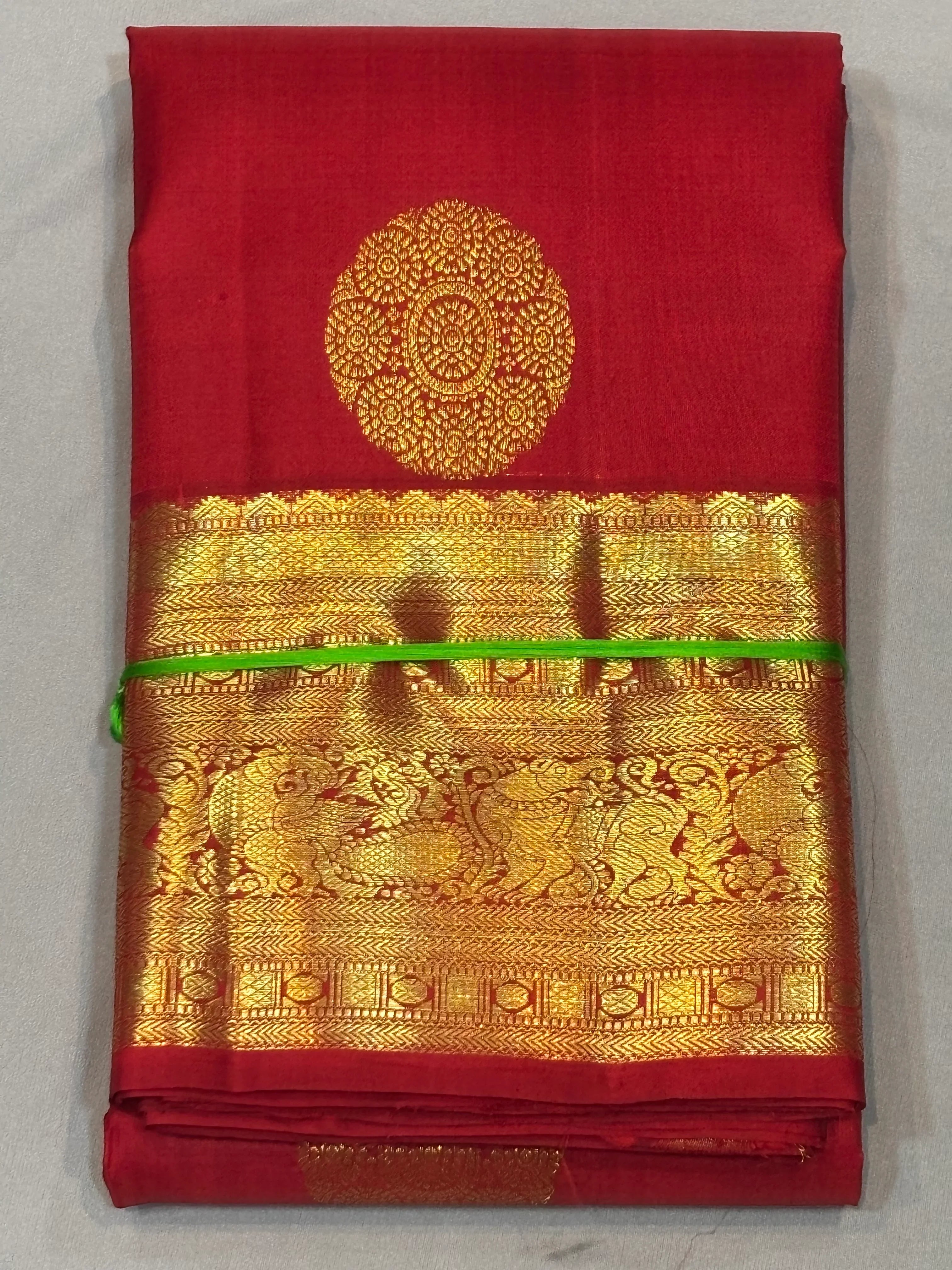 Bridal Red Pure Kanchipuram Pattu Saree with gold zari border| Silk Mark Certified - pochampallysarees.com