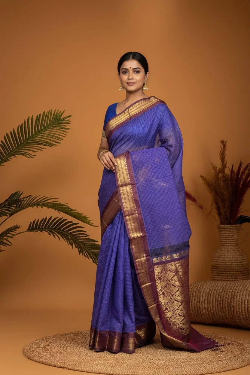 Pure Gadwal Cotton Sari Blue Chocolet Online In Hyderabad -Z19 - pochampallysarees.com