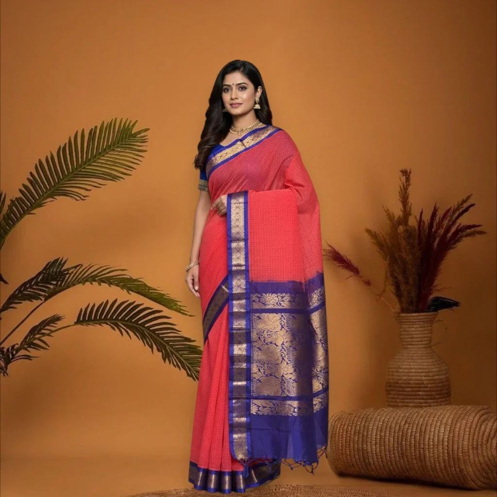 Pure Gadwal Cotton Sari Red Blue Online In Hyderabad -Z18 - pochampallysarees.com