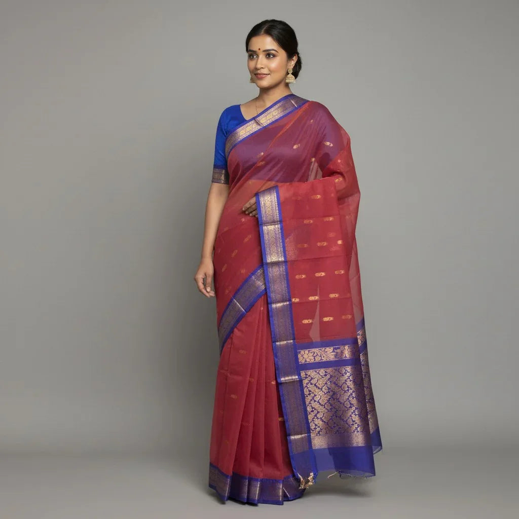 Pure Gadwal Cotton Sari Red Blue -C18 - pochampallysarees.com