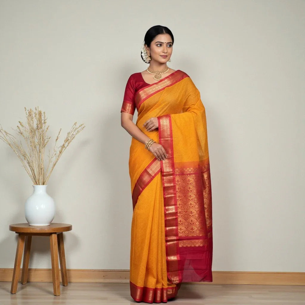Pure Gadwal Cotton Sari Yellow Red Online In Hyderabad -Z16 - pochampallysarees.com