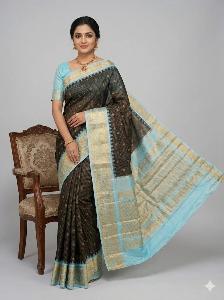 Pure Gadwal Silk Saree in Black &amp; Pastel Blue | Gold Zari Checks &amp; Rich Temple Border Pallu | Traditional Handloom Pattu Saree for Weddings &amp; Festivals - pochampallysarees.com