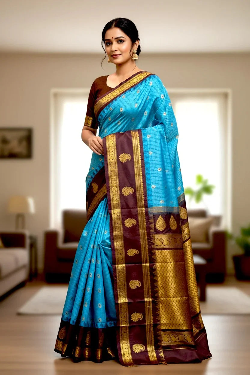 GADWAL SILK BLUE CHOCOLATE SARI - pochampallysarees.com