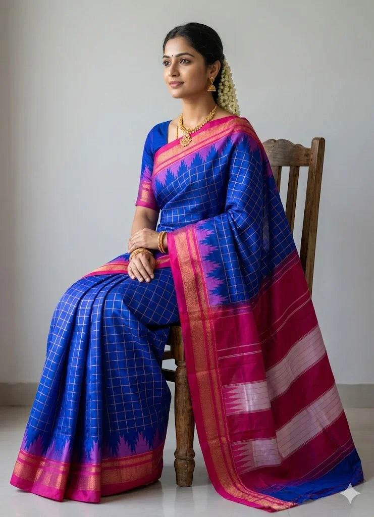Pure Gadwal Silk Saree - Royal Blue with Gold Zari Windowpane Checks & Contrast Magenta Temple Border | Traditional Handloom Wedding Saree with Blouse Piece - pochampallysarees.com