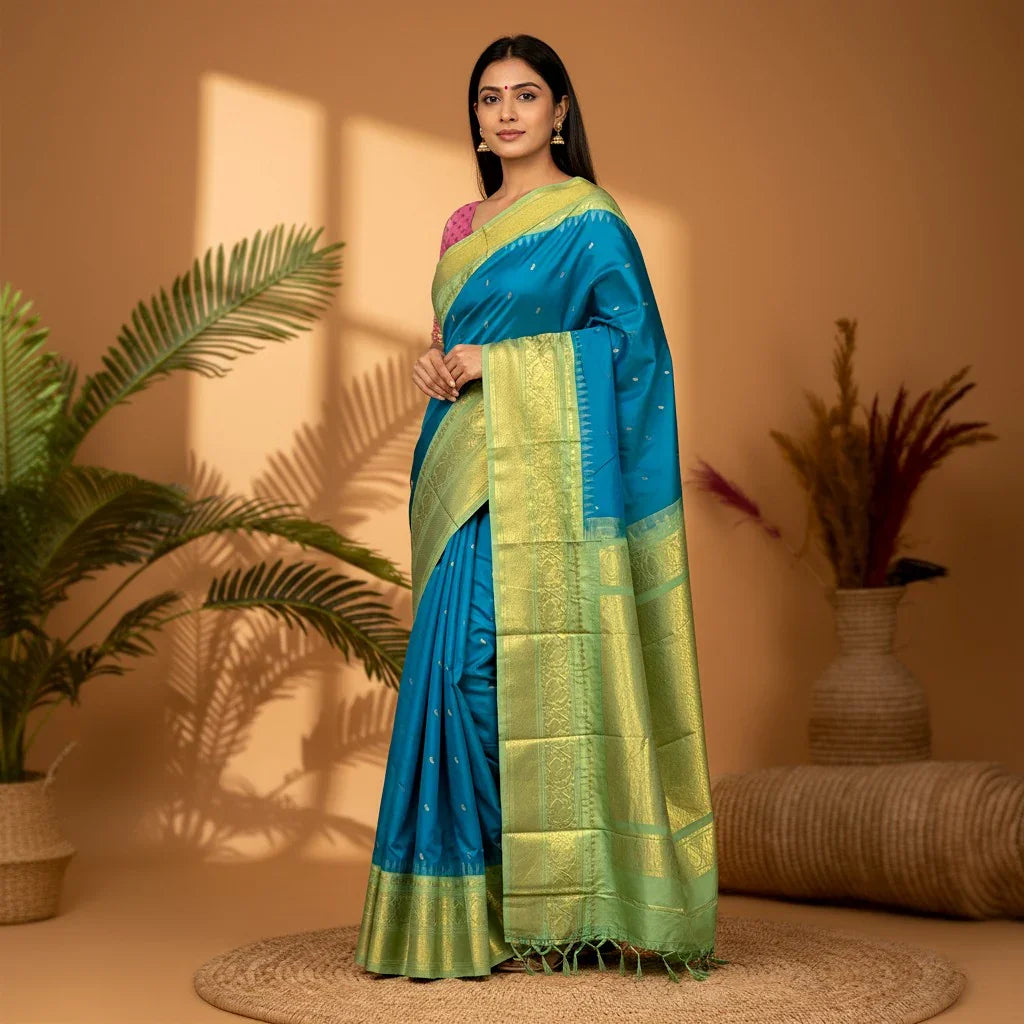 Pure-gadwal-Silk-Blue-Sari-pochampallysarees.com