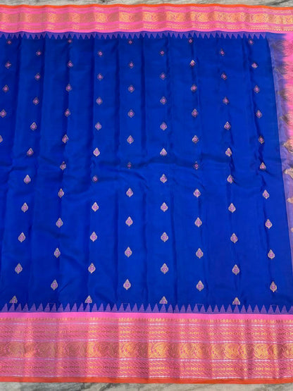 Royal Blue &amp; Pink Pure Gadwal Silk Saree with Rich Gold Zari Pallu | Traditional Handloom Pattu Saree for Weddings &amp; Festivals - pochampallysarees.com