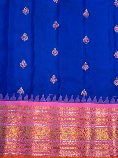Royal Blue &amp; Pink Pure Gadwal Silk Saree with Rich Gold Zari Pallu | Traditional Handloom Pattu Saree for Weddings &amp; Festivals - pochampallysarees.com