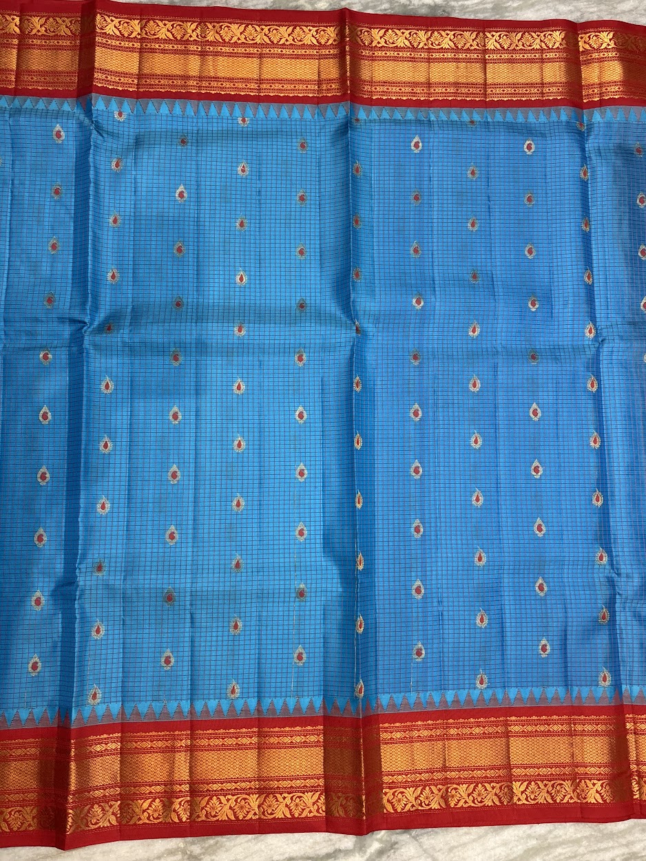 Pure Gadwal Silk Saree - Sky Blue &amp; Red with Rich Gold Zari Border | Traditional Wedding Wear - pochampallysarees.com