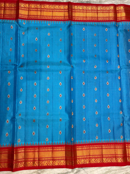 Pure Gadwal Silk Saree - Sky Blue &amp; Red with Rich Gold Zari Border | Traditional Wedding Wear - pochampallysarees.com