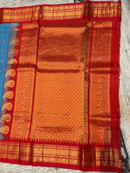 Pure Gadwal Silk Saree - Sky Blue &amp; Red with Rich Gold Zari Border | Traditional Wedding Wear - pochampallysarees.com