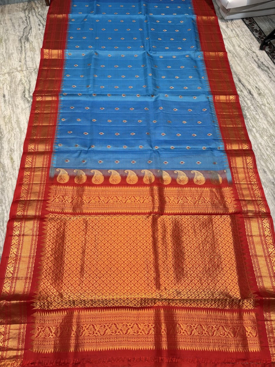 Pure Gadwal Silk Saree - Sky Blue &amp; Red with Rich Gold Zari Border | Traditional Wedding Wear