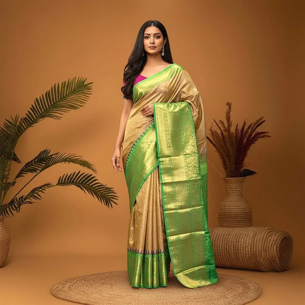 Pure Gadwal Silk Saree Woven Brown Body With Green Border - pochampallysarees.com