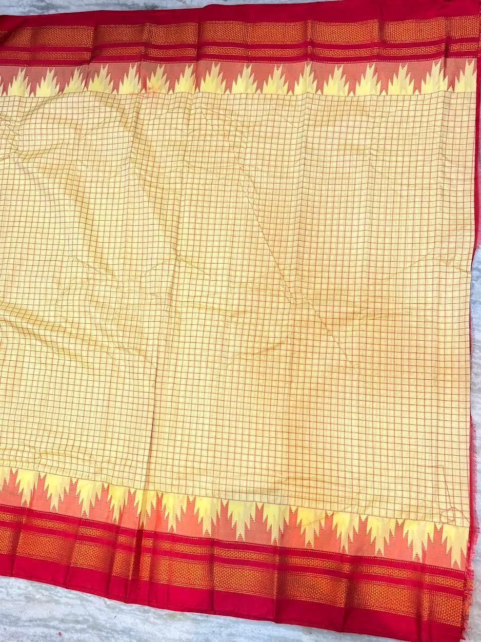 Pure Gadwal Silk Saree in Cream &amp; Crimson Red | Gold Zari Temple Border &amp; Checkered Body | Traditional Handloom Wedding Wear - pochampallysarees.com
