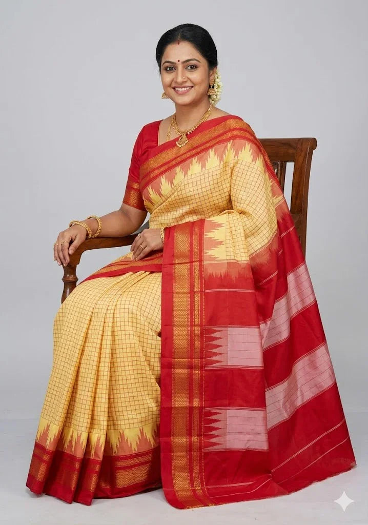 Pure Gadwal Silk Saree in Cream & Crimson Red | Gold Zari Temple Border & Checkered Body | Traditional Handloom Wedding Wear - pochampallysarees.com