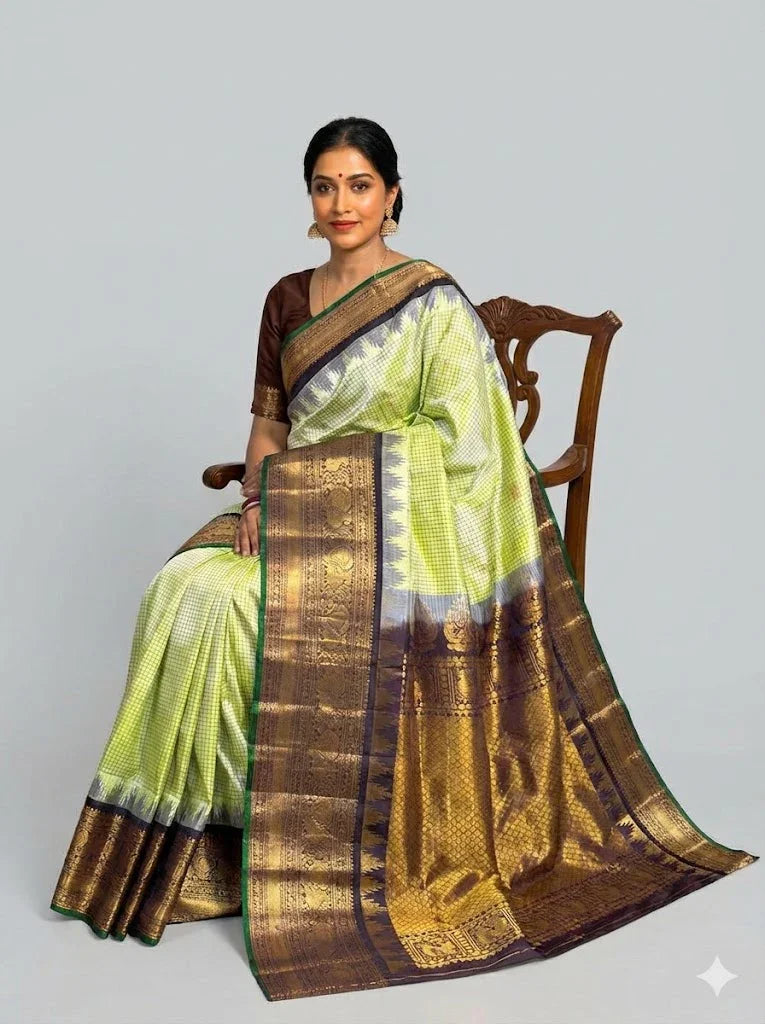Pure Gadwal Silk Saree - Light Green Checks with Rich Chocolate Brown Zari Border &amp; Matching Blouse | Traditional Wedding Wear - pochampallysarees.com