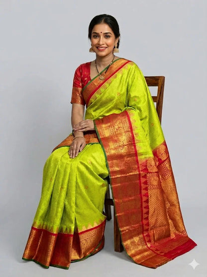 Authentic Parrot Green Pure Gadwal Silk Saree with Red Zari Border &amp; Blouse - pochampallysarees.com